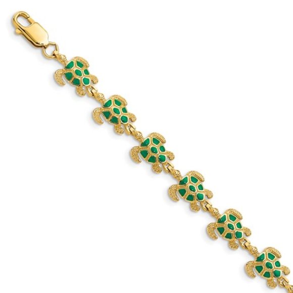 14k Yellow Gold Green Enamel Sea Turtle Charm Link Bracelet 7 Inches long ladies - Picture 4 of 4